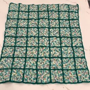 Vintage Crochet Knit Baby Blanket 32 in 28 in Green Multicolor Squares.